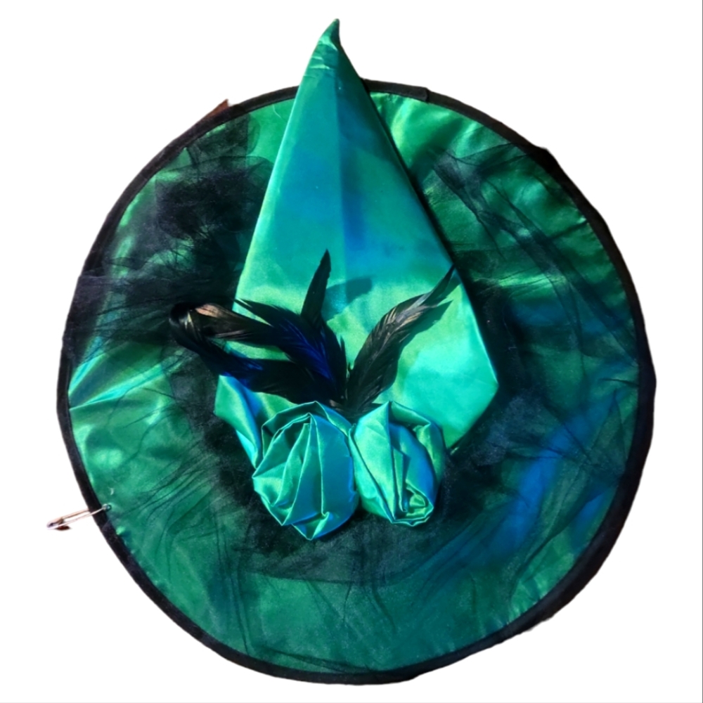 Witches Hat Black Feathers Satin Green Roses Netting Wire Rim